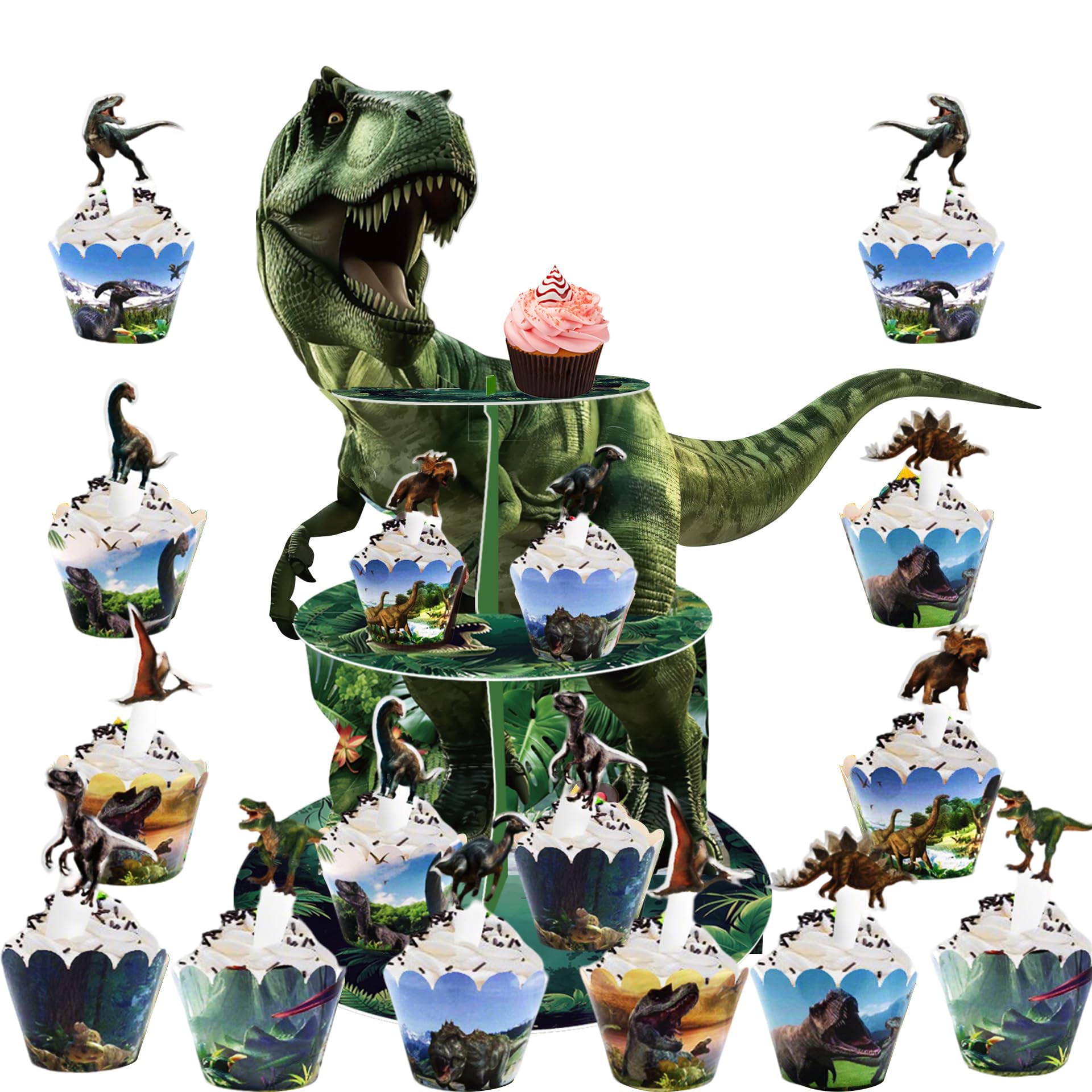 Doyomtoy 3 Tier Dinosaur Cake Stand, Cupcake Tower, 16PCS Dinosaur Cake Surround Dinosaur Theme Birthday Party Decoration