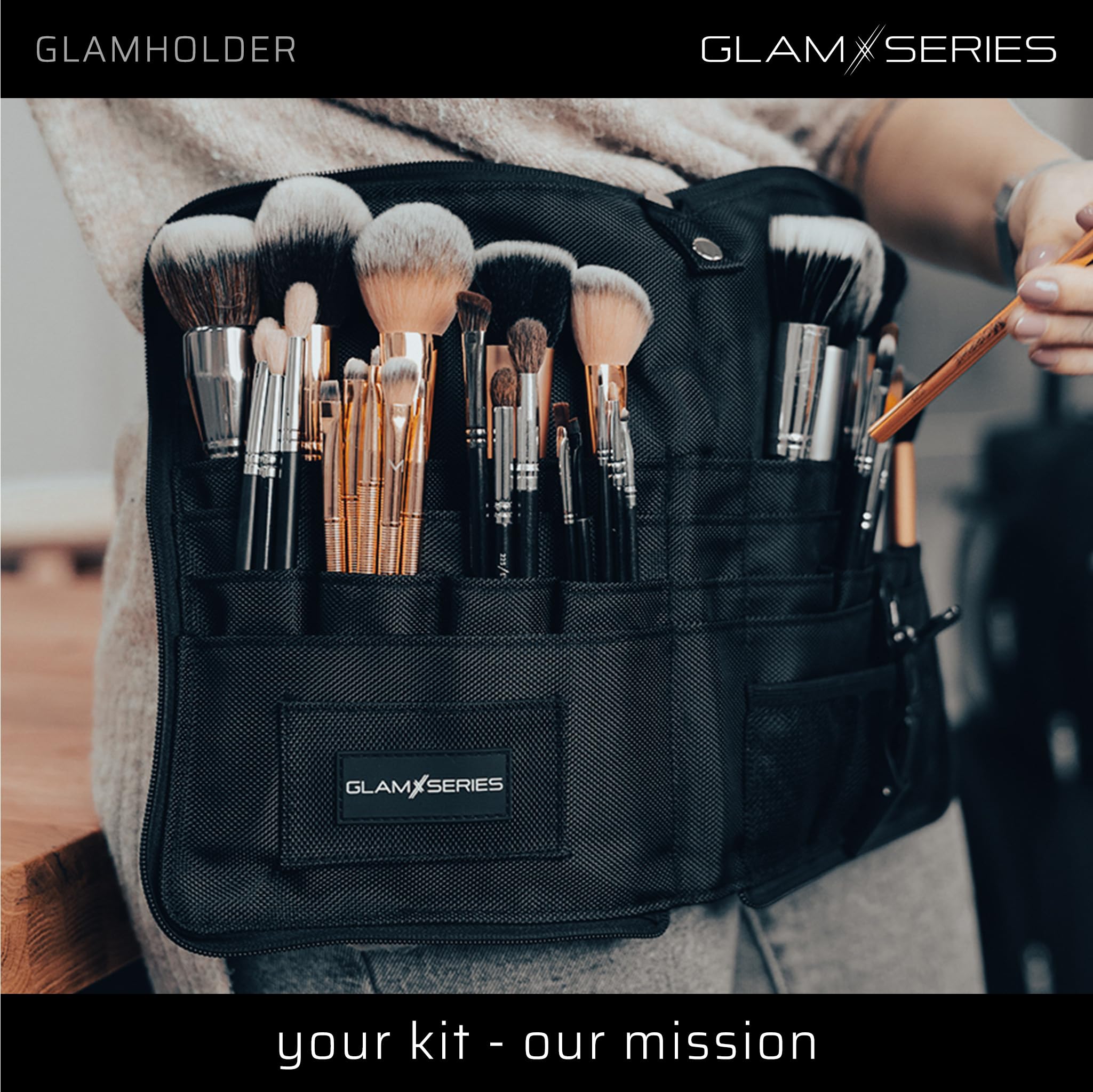 GlamHolder Pinselgürtel 270 x 190 mm mit Mehreren Fächern für Make-up Pinsel, zusammenfaltbare Pinseltasche mit Gürtel