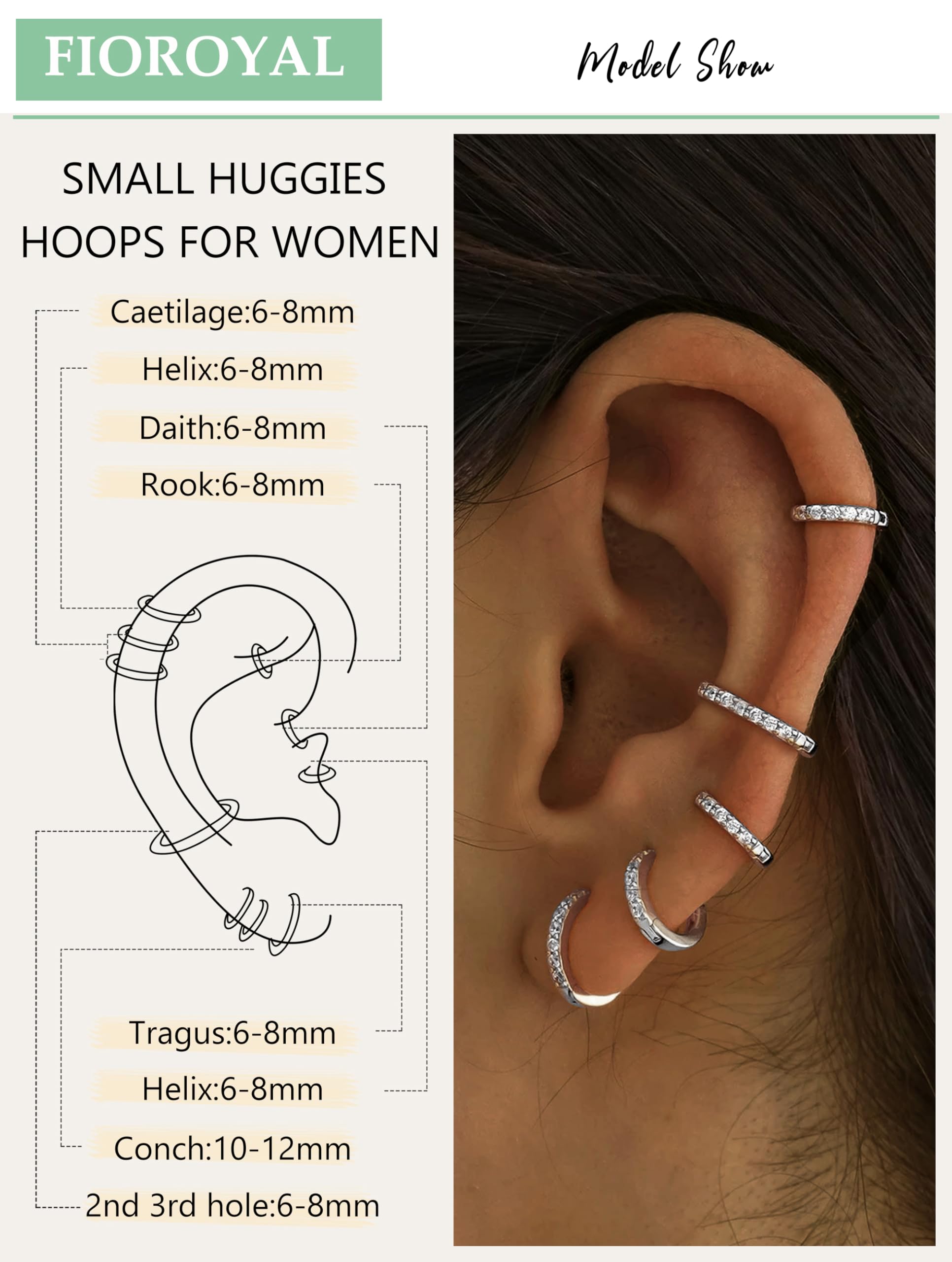 FIOROYAL 5Paia Orecchini Cerchio Argento 925 per Donna - Set Orecchini Cerchio Piccoli, Placcato Oro 14K Piccoli Orecchini Ipoallergenici Zirconi Cubici Orecchini Cerchio per Ragazze 6/7/8/9/10mm