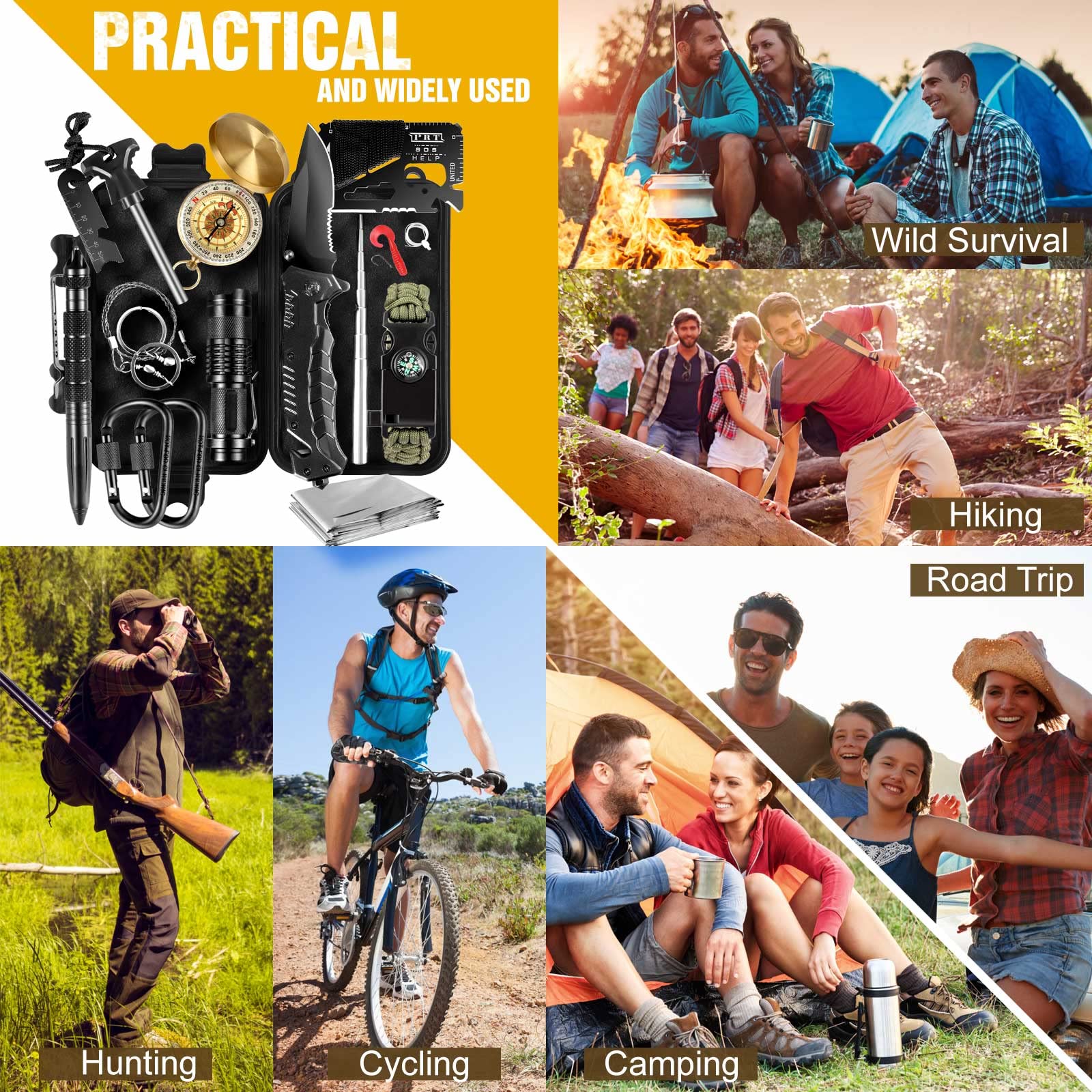 Kit sopravvivenza 14 in 1 campeggio Accessori di emergenza, regali per uomini, papà, strumenti di sopravvivenza professionali, regali di compleanno di Natale, idee per il campeggio, pesca, caccia