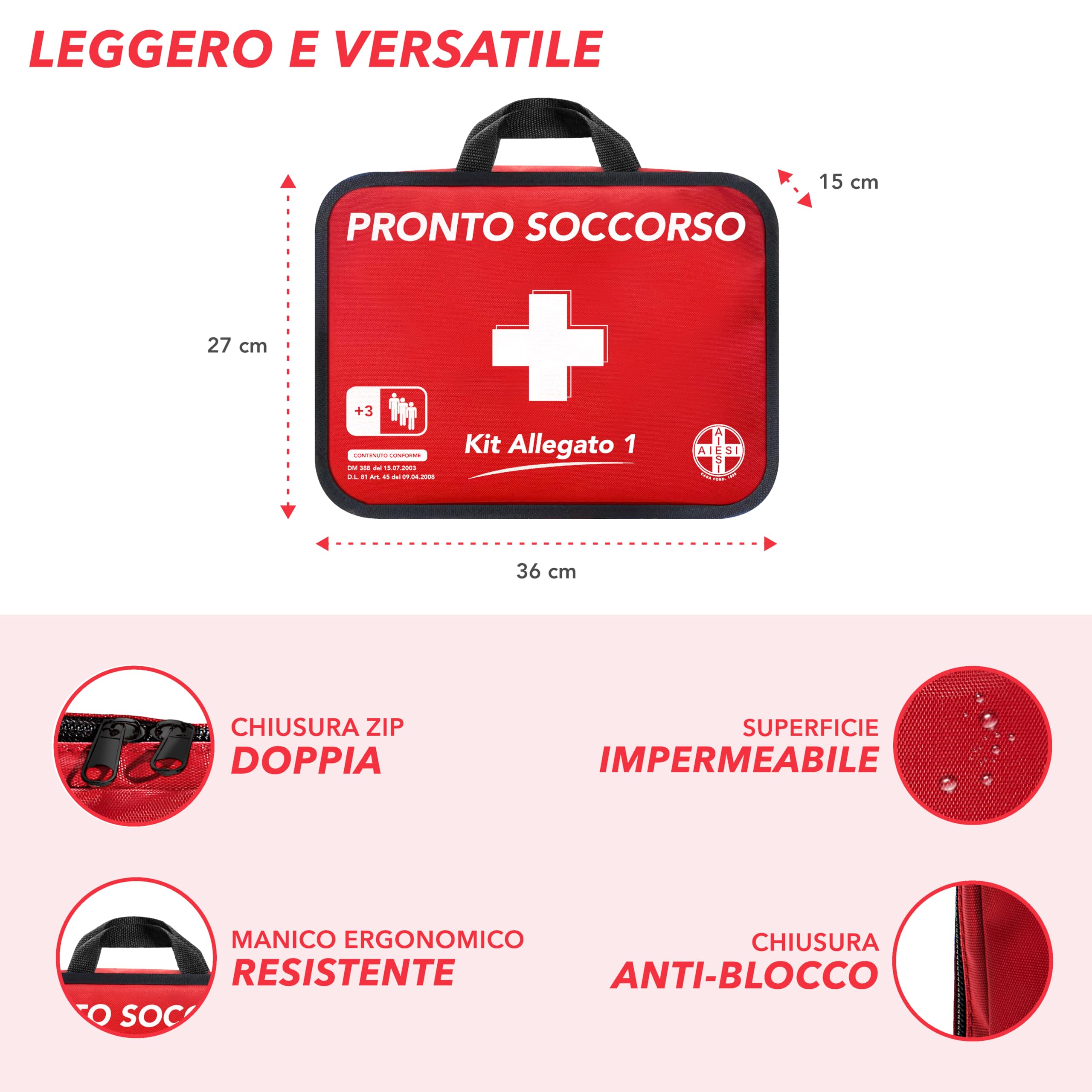 AIESI® Cassetta medica di pronto soccorso (Borsa) ALLEGATO 1 CON SFIGMOMANOMETRO per aziende più 3 dipendenti, Conforme DM388/DL81, Made in Italy