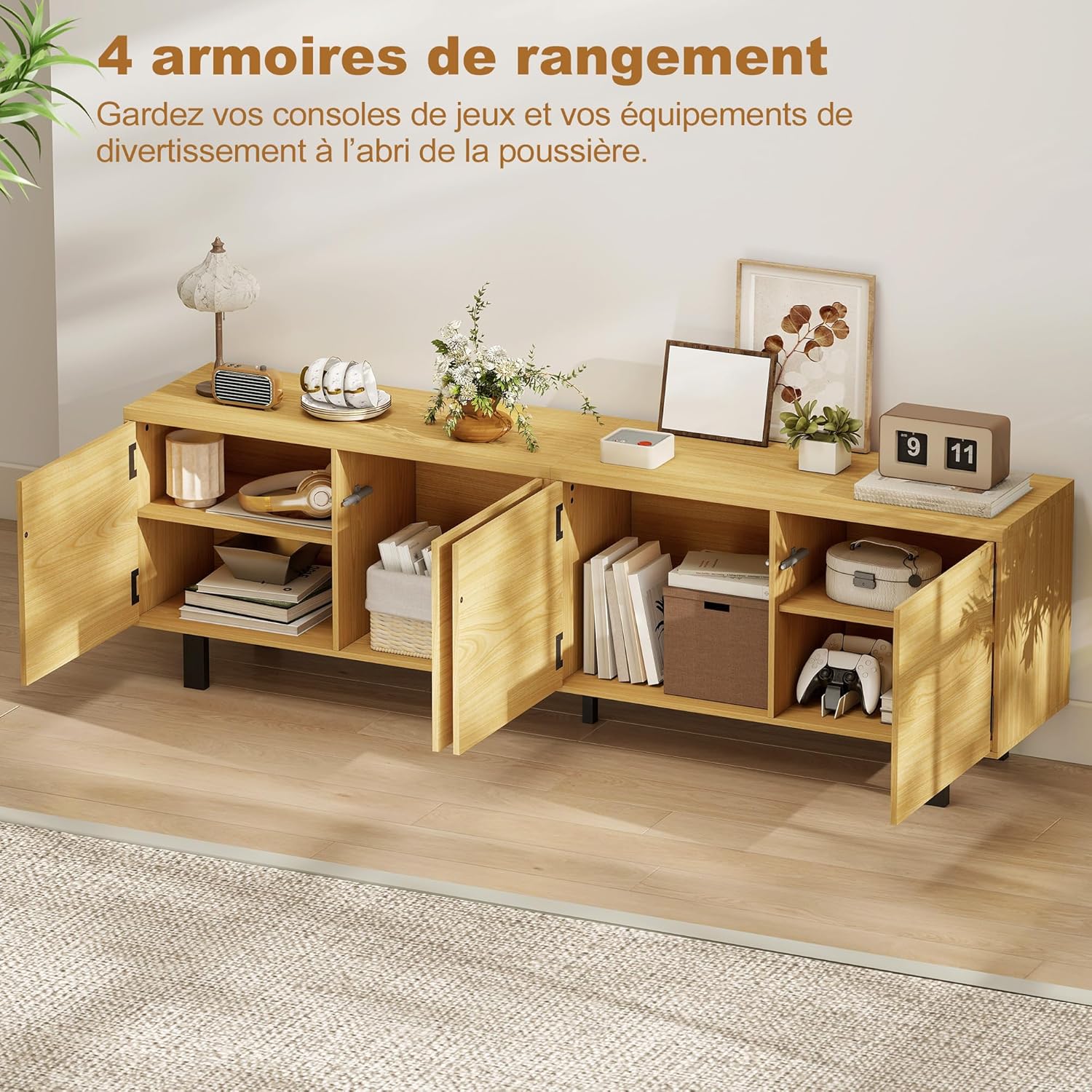 HOMCOM TV unit with all four doors open, revealing organized storage compartments