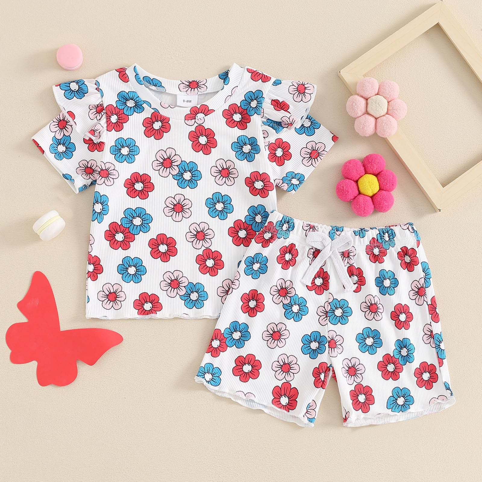 Summer Toddler Girl Clothes Spring Baby Girls T Shirt Shorts Set Newborn Floral Matching Suit Cute Infant Outfit (A Flower Beige, 0-6 Months)
