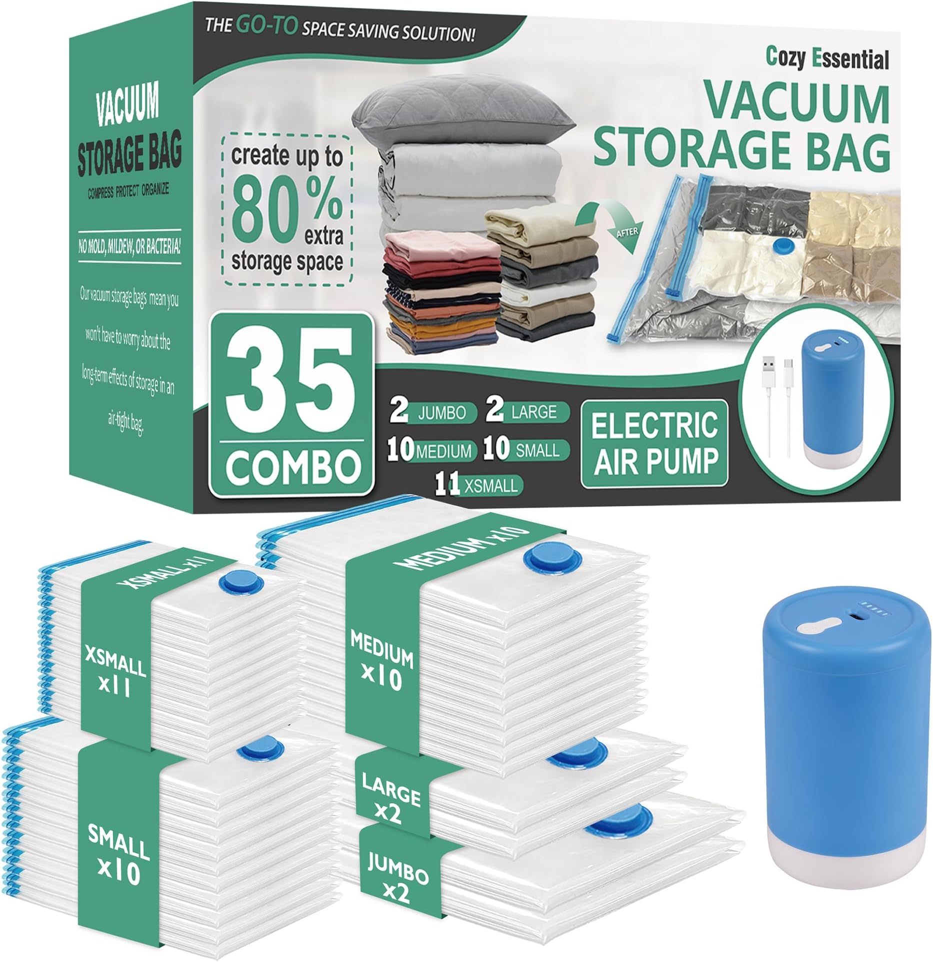 Cozy Essential Travel Vacuum Storage Bags with Rechargeable Cordless Electric Pump, Space Saver Bags for Luggage, Suitcase, Carry-On, for Clothes, Blankets, Comforters, Pillows, 35 Combo