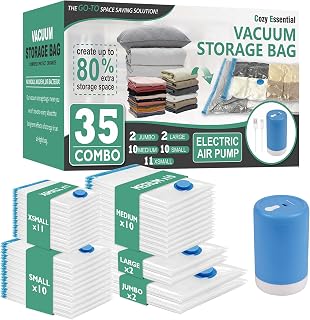 Cozy Essential 35 Pack Vacuum Storage Bags with Electric Pump, Vacuum Seal Space Saver Bags for Clothing, Pillows, Blanket, Bedding, Comforters