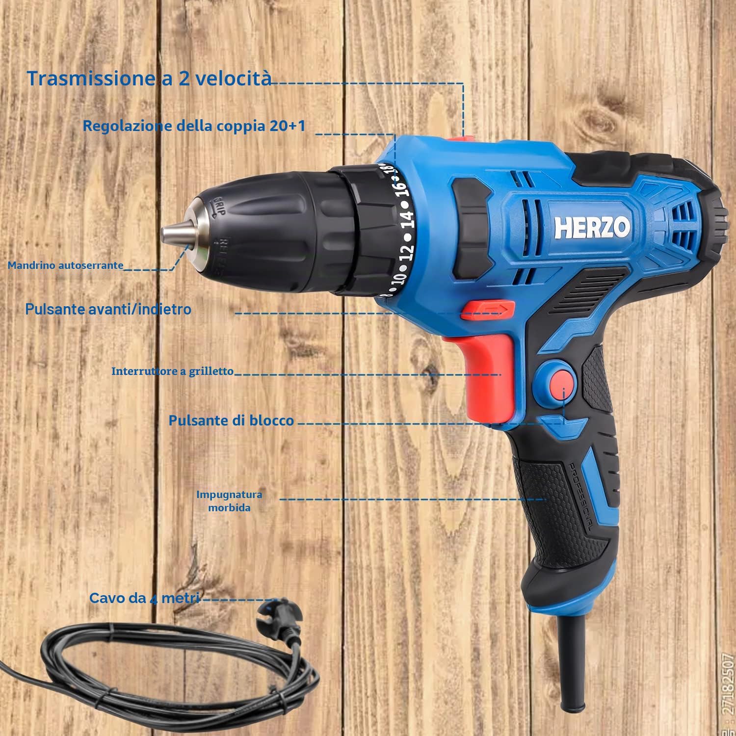 Avvitatore Elettrico，HERZO Trapano Avvitatore 300W，20+1 regolazioni di Coppia, Mandrino da 10 mm, con 4m Lungo Cavo Per Forare Pareti, Legno, Metallo