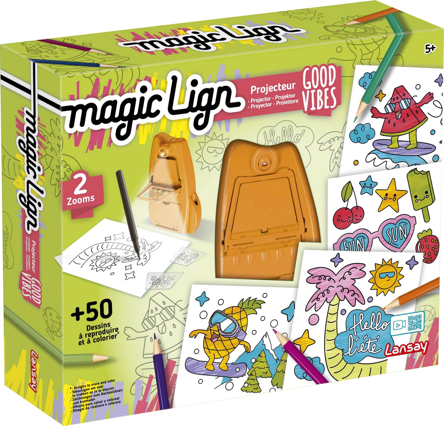 Lansay - MAGIC LIGN - Proyector Good Vibes - Kit de dibujo para reproducir 50 ilustraciones - Para niños a partir de 5 años - Aprender a dibujar - Proyector portátil - Ocio creativo