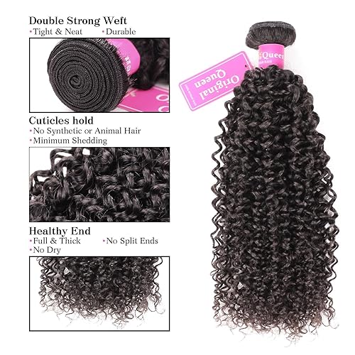 Miniatura 3 de Original Queen 100% cabello humano virgen brasileño sin procesar, rizado, 4 paquetes de extensiones de cabello rizado profundo, longitud mixta (28,