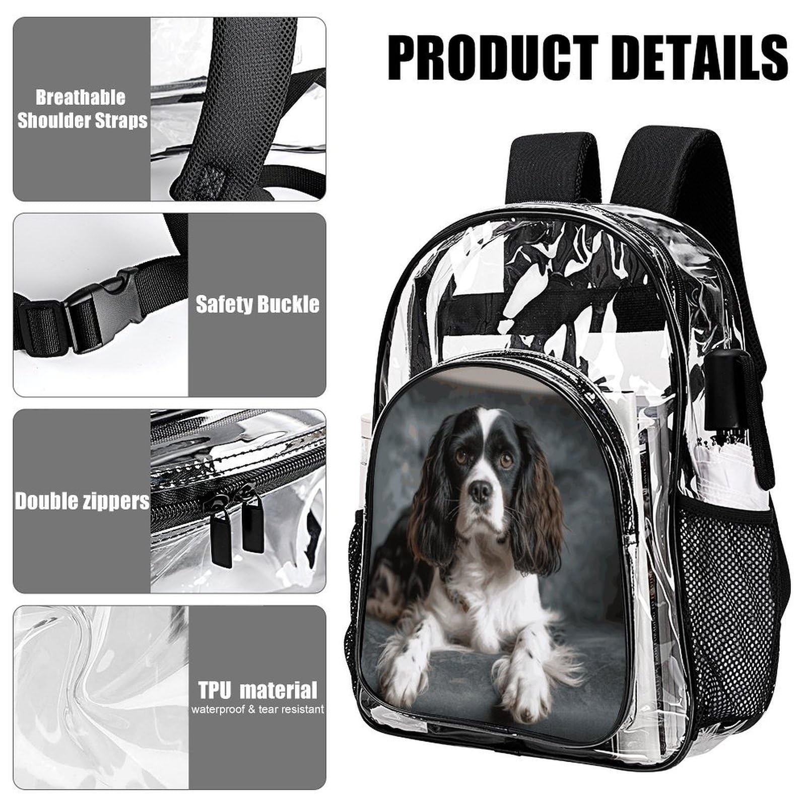 Spaniel On The Sofa Clear Backpack Large,Transparent Backpack PVC Transparent Bookbag for Security, Work, Travel, Stadion