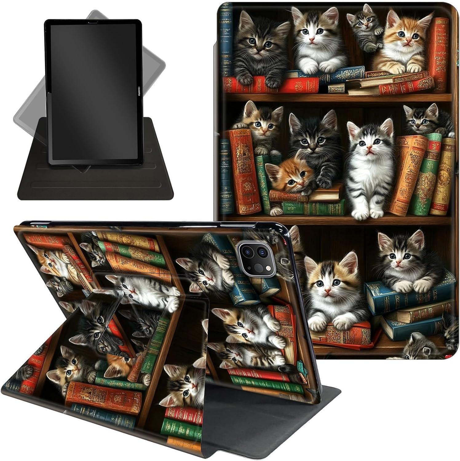 Case for iPad Pro 12.9 Inch 6th/5th/4th Gen (2022/2021/2020),360 Degree Rotating Protective Stand Cover with Auto Wake/Sleep,Vintage Bookshelf and Cats