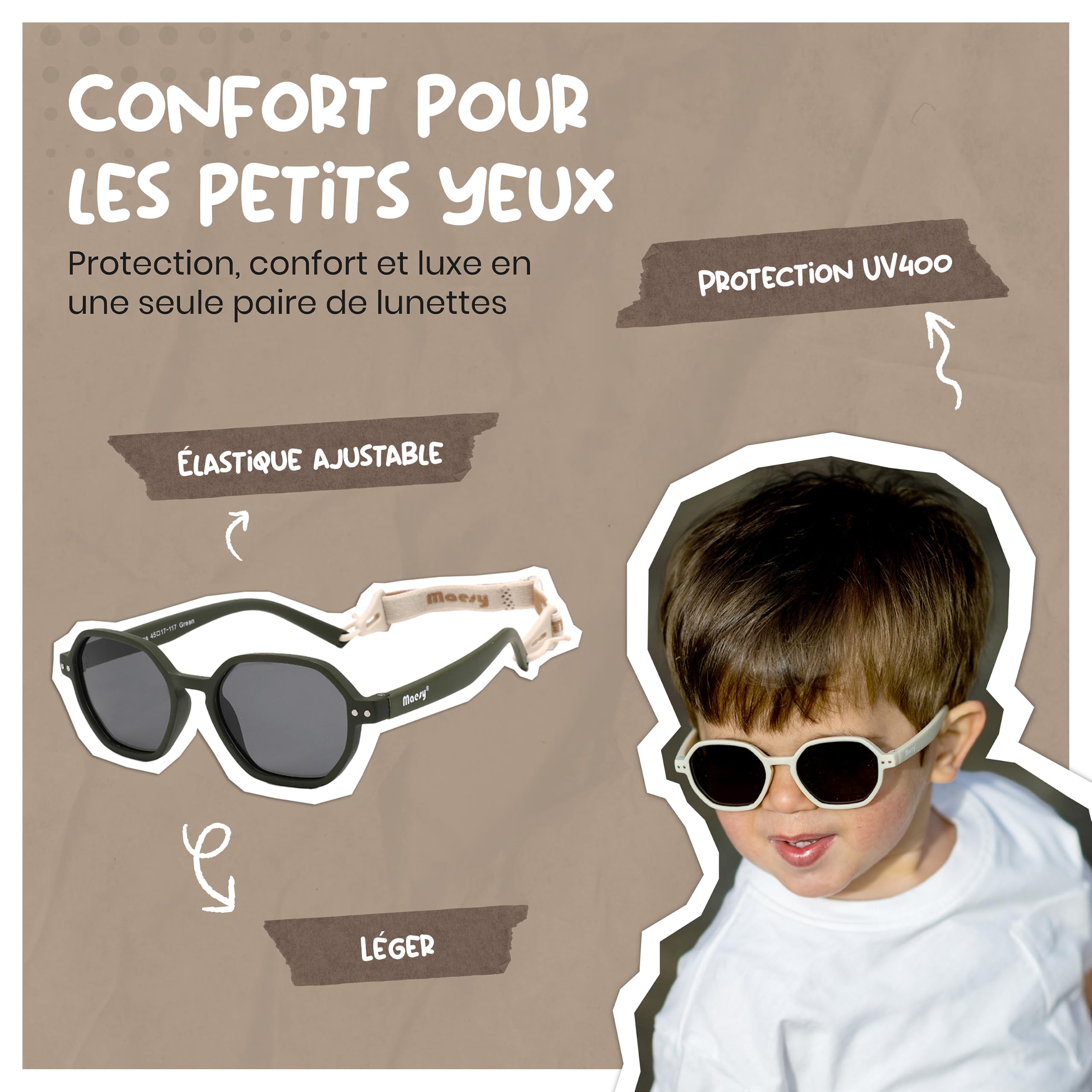 Lunettes de Soleil Bébé et Tout-Petit - 1-3 Ans - Protection UV400 Polarisée - Cadre Flexible et Pliable - Bande Élastique Réglable - Lunettes de Soleil Sûres et Confortables - Yana