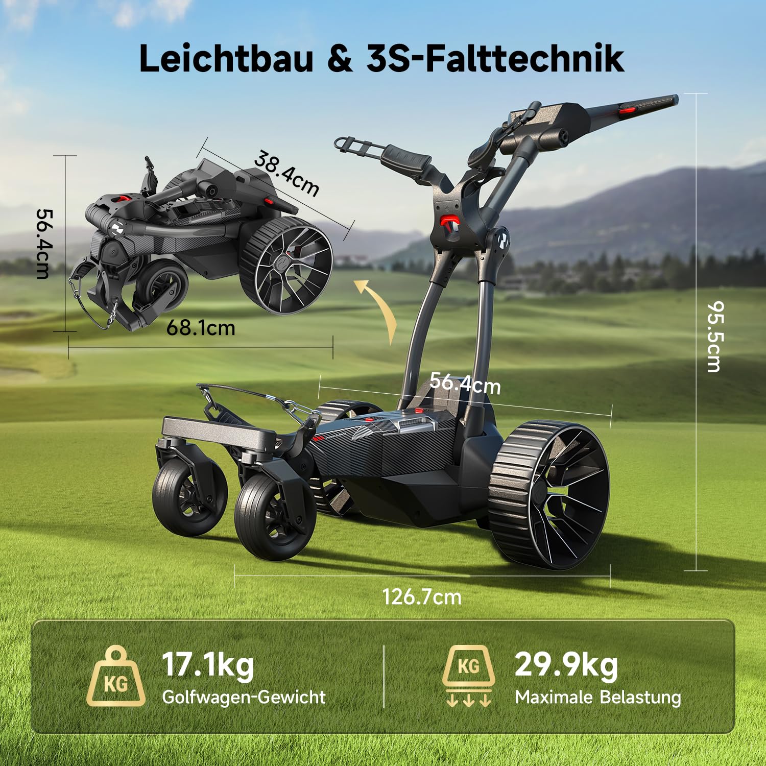 NAVEE Golf Trolley Elektrisch, Electro Golf Trolley Klappbar, Birdie 3X, Follow Me, Lithiumakku für 36 Loch, Dynamische Power-Hilfe mit KI-Steuerung, Dual Motor Bergabfahrbremse, IPX5 viel Zubehör