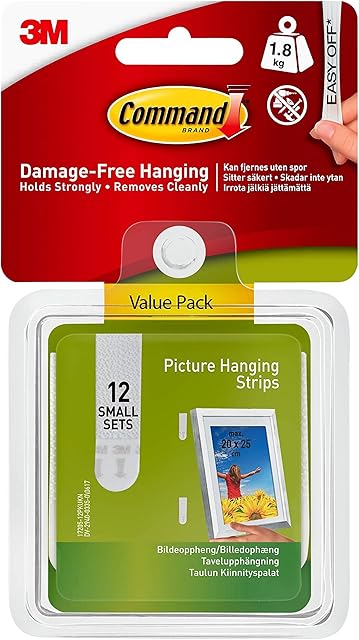 Command Small Picture Hanging Strips, Set of 12 Adhesive Strips, White - Damage Free Hanging - For Pictures, Frames and Wall Décor - Holds up to 1.8 kg