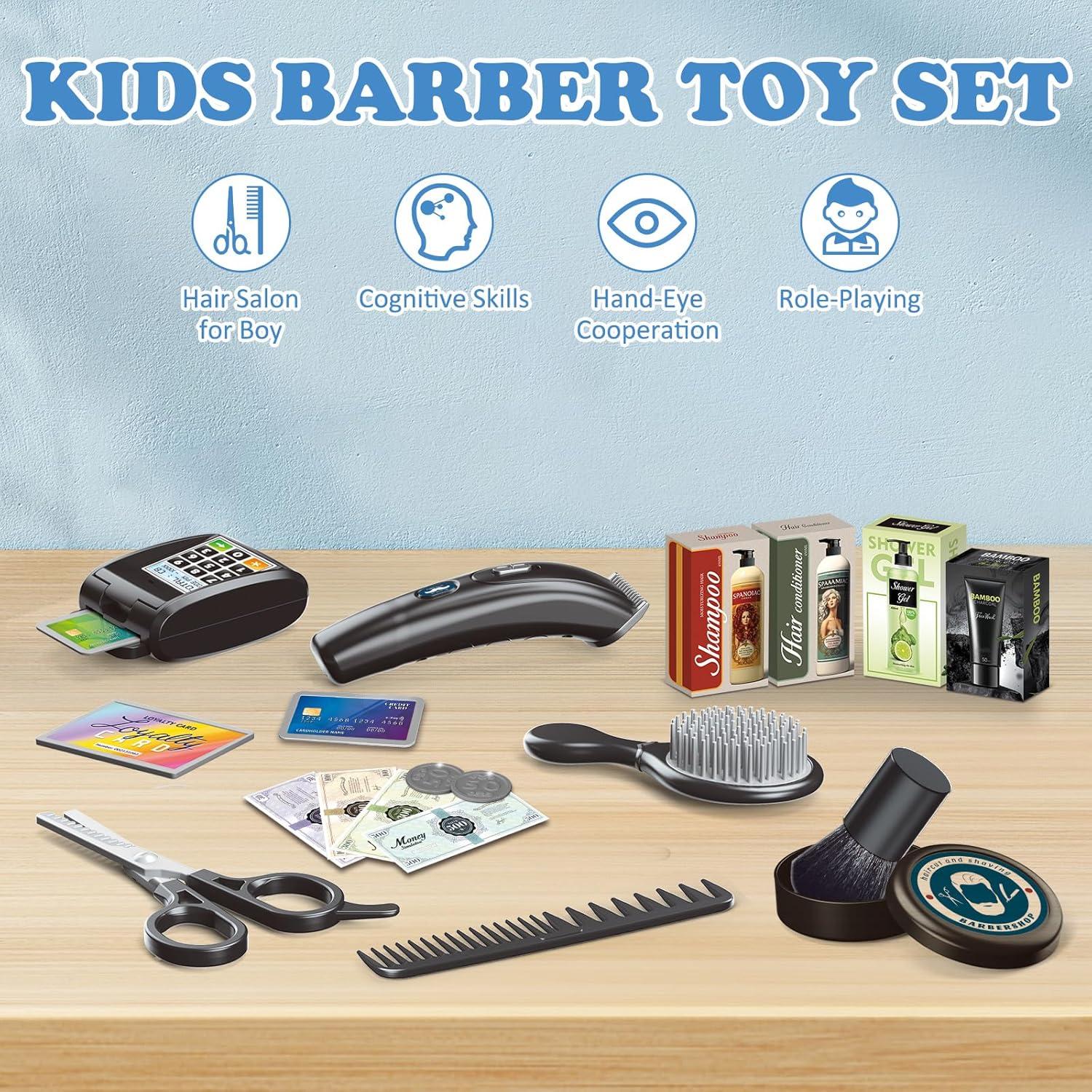 RedCrab Shaving Kit for Boys, Kids Hair Salon Stylist, Boys Grooming Salon Set Pretend Play, Barber Shop Accessories for Children Includes Apron, Hair Dryer, Brow Razor, Best Gift for Kids 3+ Years