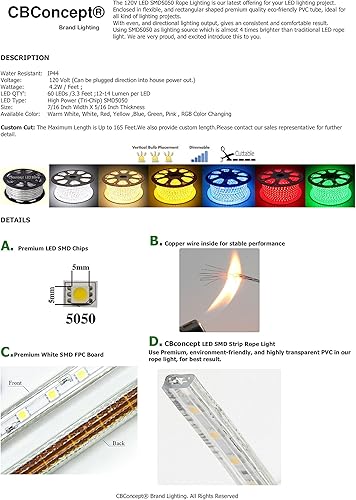 Miniatura 6 de CBConcept Listado UL, 100 pies, 10100 lúmenes, verde, regulable, 110-120 V CA, tira de luz LED plana flexible, 1830 unidades 3528 SMD LED, uso en