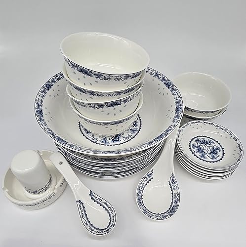 Miniatura 3 de Juego de vajilla azul y blanco de porcelana de hueso de 28 piezas para 6 cuencos de arroz Jingdezhen, (loto azul)