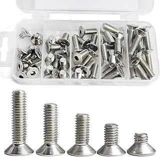 SUNXULIMI M5 x 8mm 12mm 16mm 20mm 25mm Flat Head Hex Socket Cap Screws Countersunk Bolts, 304 Stainless Steel, Fully Threaded, Bright Finish, Metric Allen Hex Drive, Assortment Kit 50PCS
