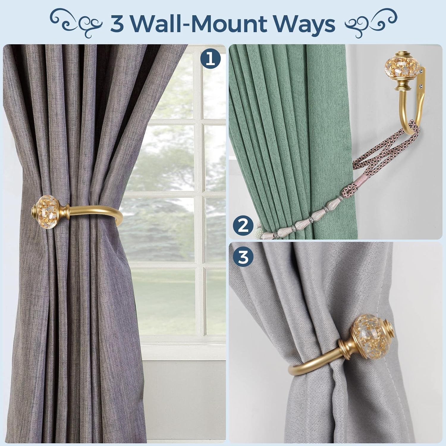 Luxury Gold Curtain Rods 140 to 190 Inches and 2 Pack Gold Curtain Holdbacks, Window Drapery Tiebacks, Curtain Tie Gold Hooks for Wall with Translucent Finials(bundles)