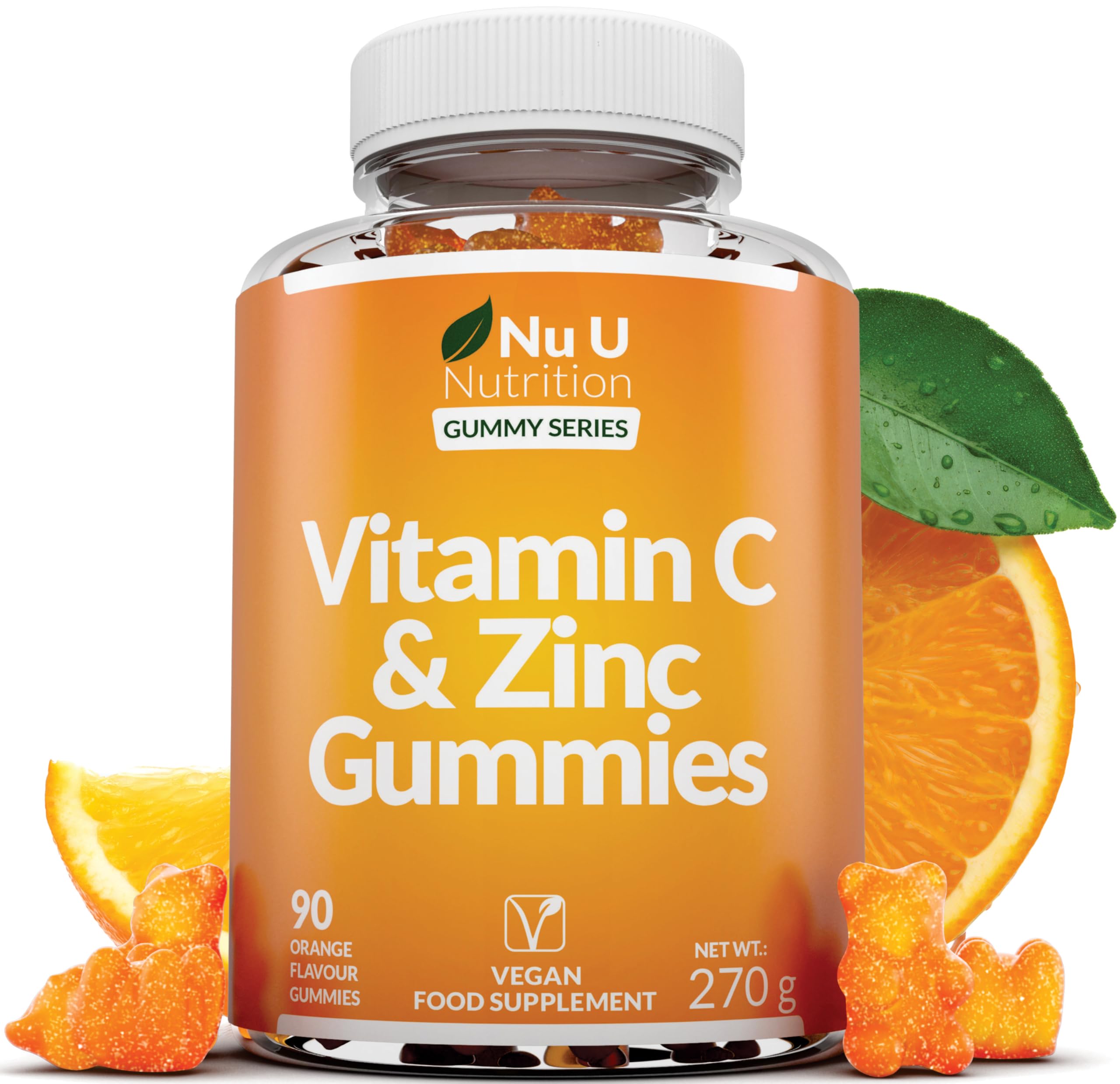 Vitamin C and Zinc Gummies - 90 Vegan Gummies - 120mg Vitamin C & 12mg Zinc per Serving - Natural Orange Flavour - Made in The UK - Nu U Nutrition