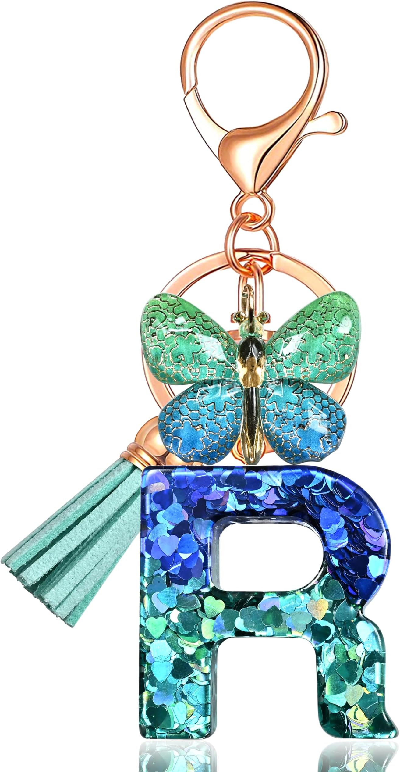 Initial letter Keychains for Women Tassel Butterfly Blue green R