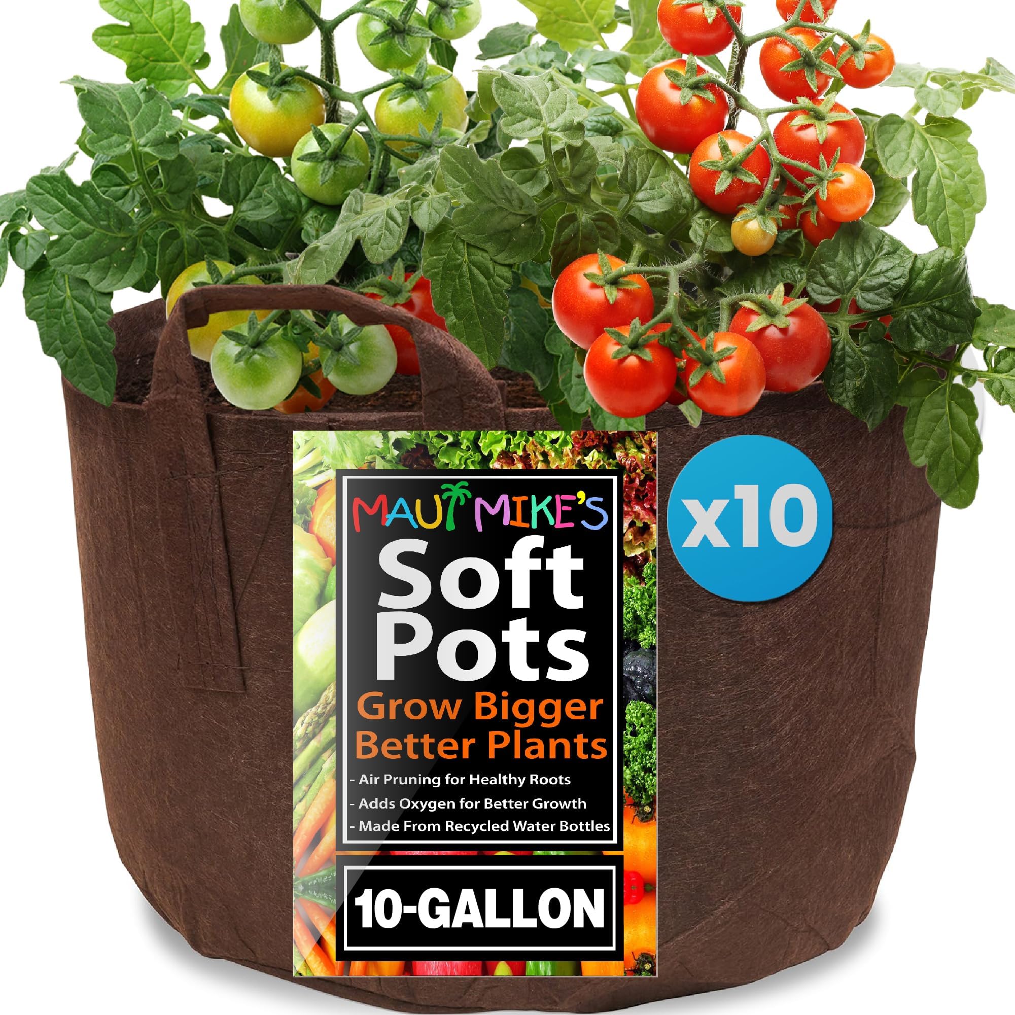 MAUI MIKE'S Root Pouch 10 Gallon/ 10 Pack Heavy Duty Tomato Grow Bag. Plant Fabric Pots with Handles. Fabric Grow Bags for Tomatoes,Vegetables and Flowers. Made from Recycled Water Bottles.