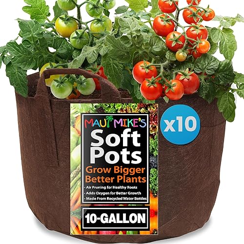 MAUI MIKE'S Bolsa para raíces de 10 galonespaquete de 10 bolsas de cultivo resistentes. Macetas de tela para plantas con asas. Macetas de tela para