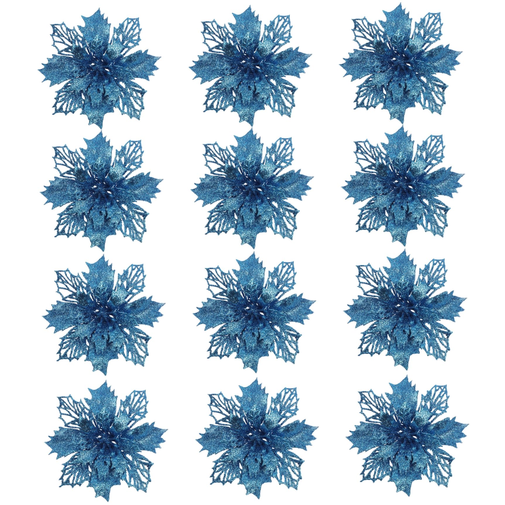 Bemonew 12Pcs Christmas Flowers, Blue Poinsettia Flowers Artificial Glitter Faux Poinsettia for Xmas Tree Wreath Garland Holiday Home Decoration