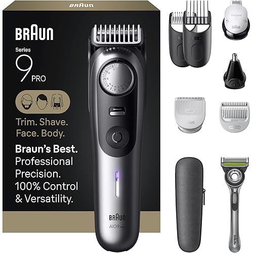 Braun All-in-One Series 9 PRO Beard and Body Trimmer, AIO 9550 for Men with Gillette Labs Razor, Cordless Grooming System with Precision Length Control, Rechargeable Electric Facial Hair Tool