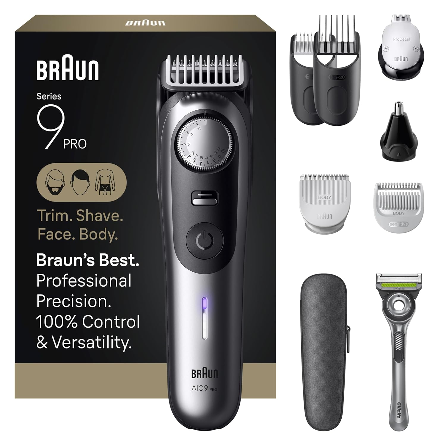Braun All-in-One Series 9 PRO Beard and Body Trimmer AIO 9550 for Men with Gillette Labs Razor Cordless