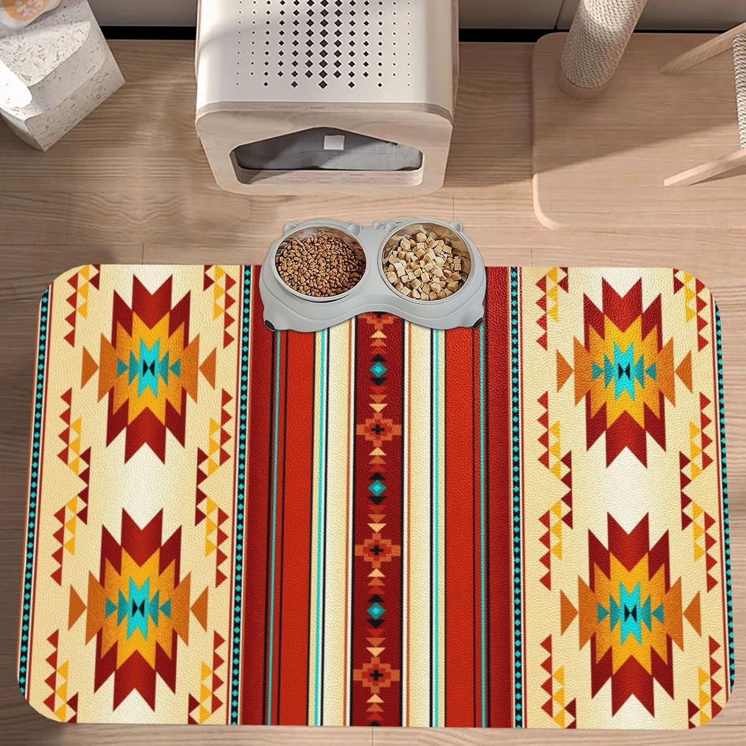 Southwest Native American Indian Aztec Pet Feeding Mat-Absorbent Quick Dry Pet Cat Dog Food Mat Non Slip Waterproof Rubber Dish Placemat