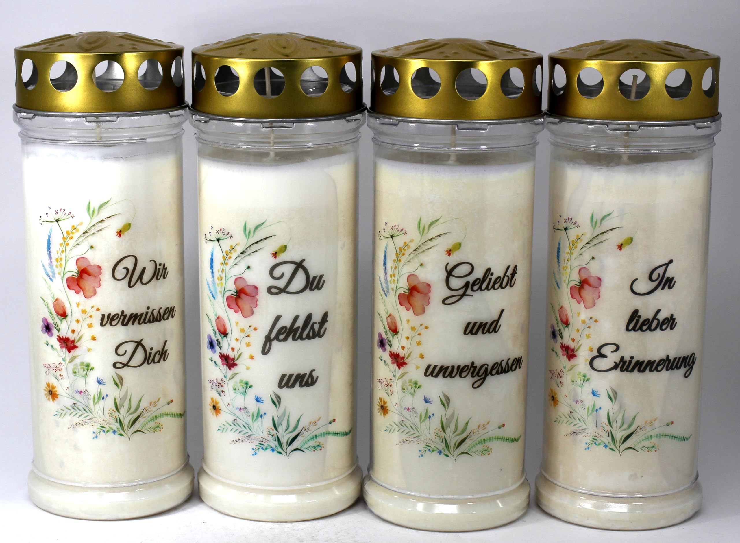 4 Grabkerzen mit 7 Tagen Brenndauer, (3980), Grablichter mit Spruch und Motiv. Grabschmuck wetterfest mit Deckel, Trauerkerzen, Friedhofskerzen