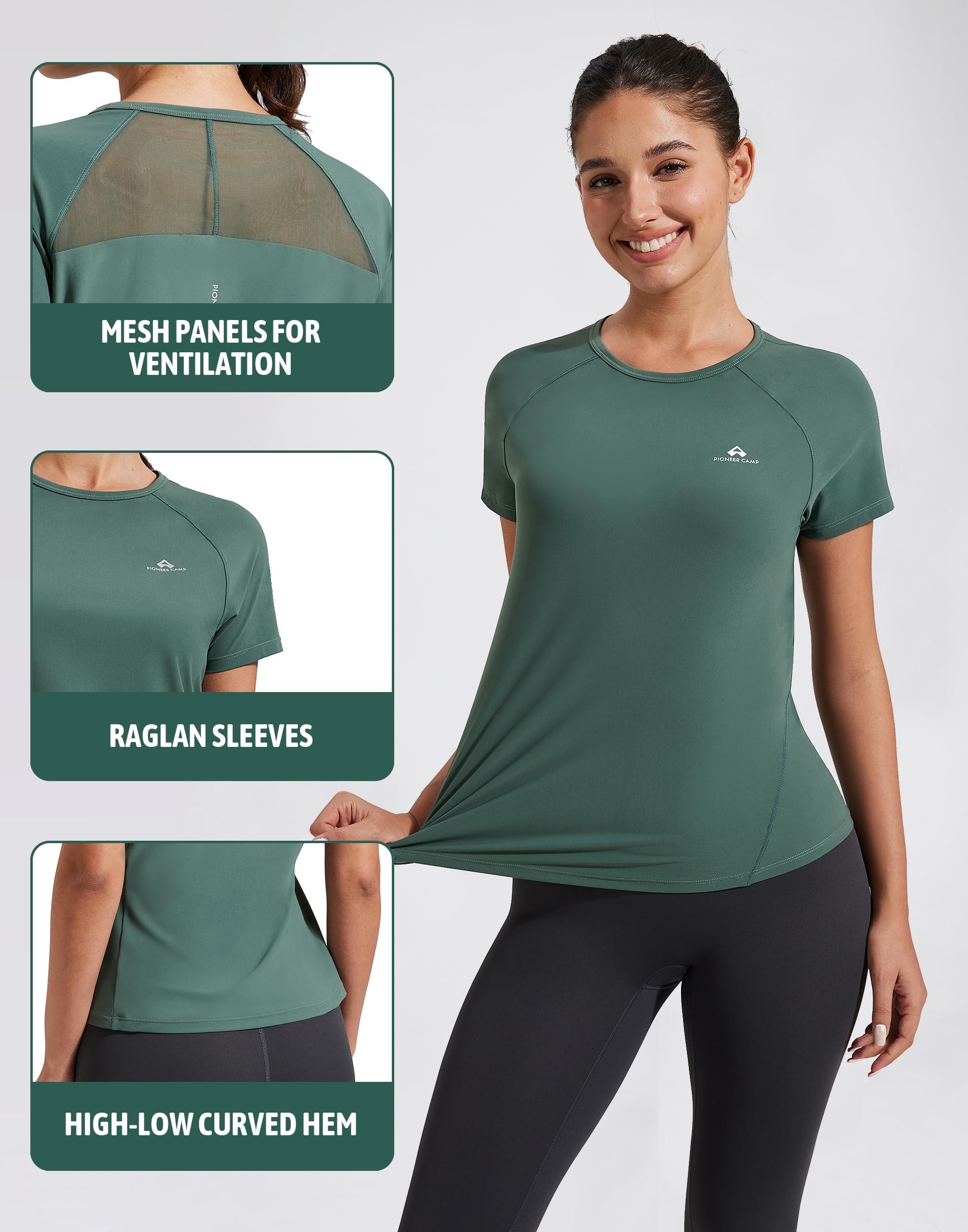 Pioneer Camp Damen Sport T-Shirt Kurzarm, Atmungsaktiv Schnelltrocknend, Funktionsshirt mit Netzeinsatz am Rücken, Figurbetontes Laufshirt für Fitness Gym Yoga Outdoor