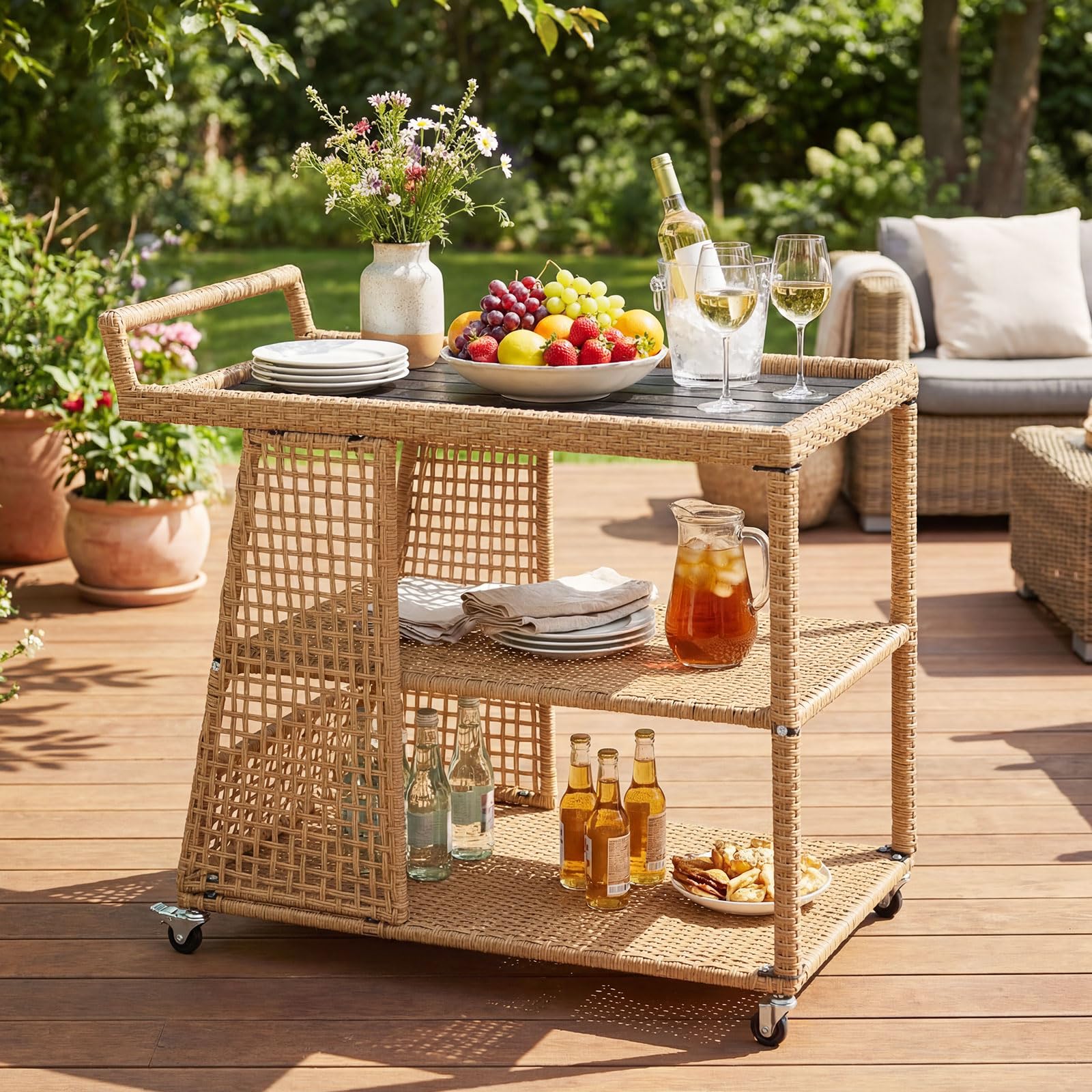 COSTWAY Carrito de Servicio de 3 Niveles, Carrito de Cocina de Ratán PE con Ruedas Universales Bloqueables, Estantes Abiertos y Asa Lateral, Mesa Auxiliar Móvil de Exterior para Jardín Patio Terraza