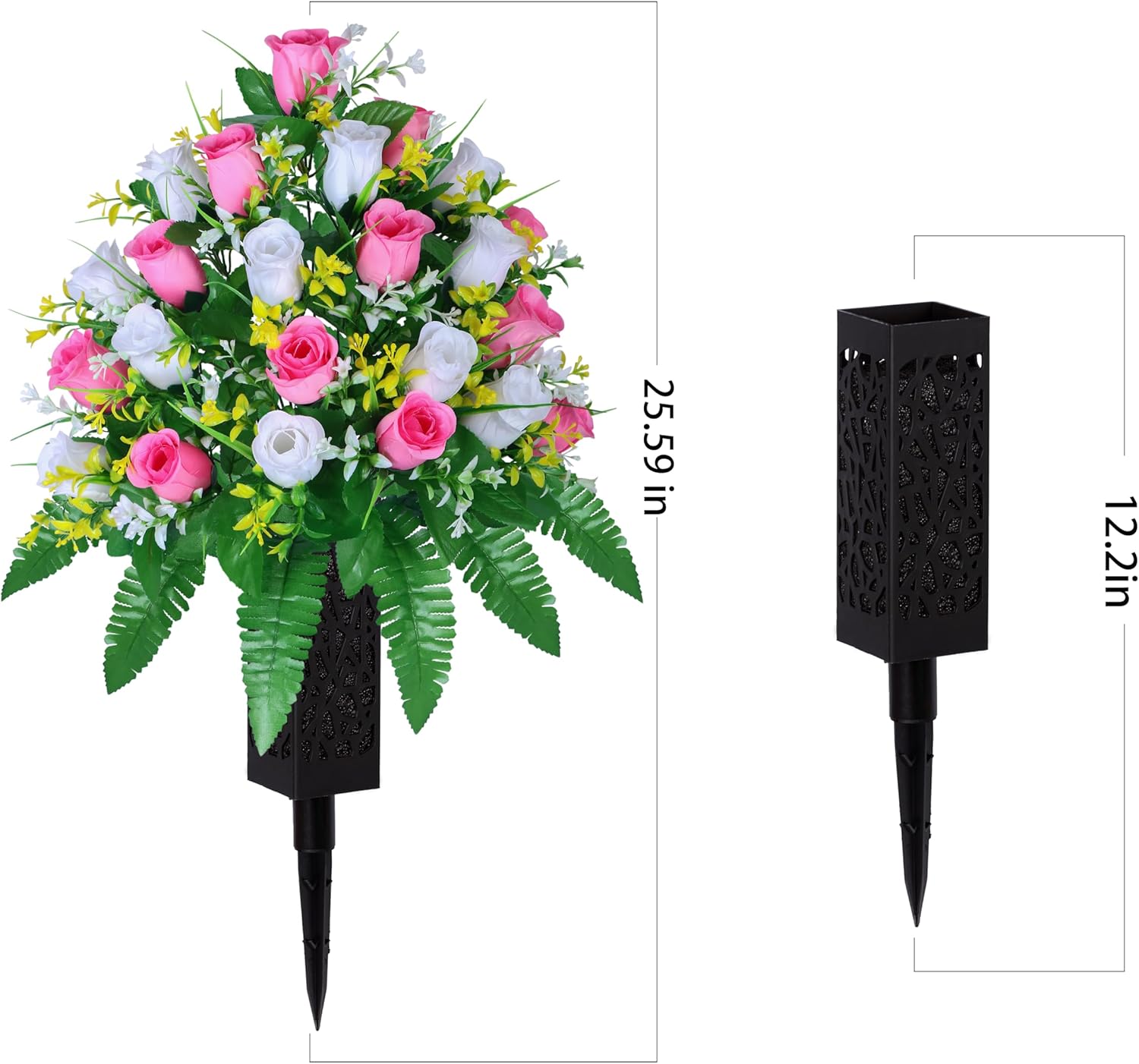LVXINLI Artificial Cemetery Flowers, Gravesite Decoration Roses, Memorial Bouquets with Cemetery Vase, Vibrant and Long-Lasting Colors (Pink+White, 2 Bundles)