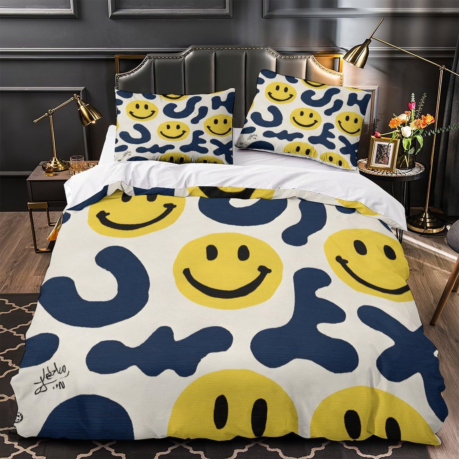 Housse de Couette Microfibre Abstraite 260x220cm Parure de Lit Enfant Motif Visage Souriant 3D