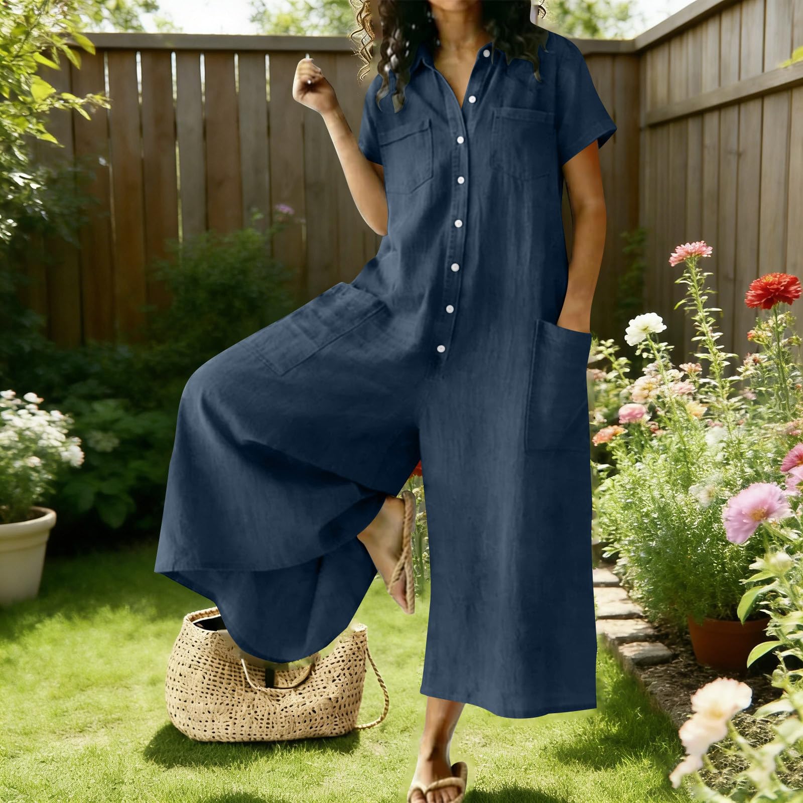 Combinaison en Lin pour Femme Ample et Respirant Combinaison Pantalon Fluide Femmes été Jambes Larges Grande Taille Coupe Droite Palazzo Salopettes de Travail Chic Jumpsuit de Plage