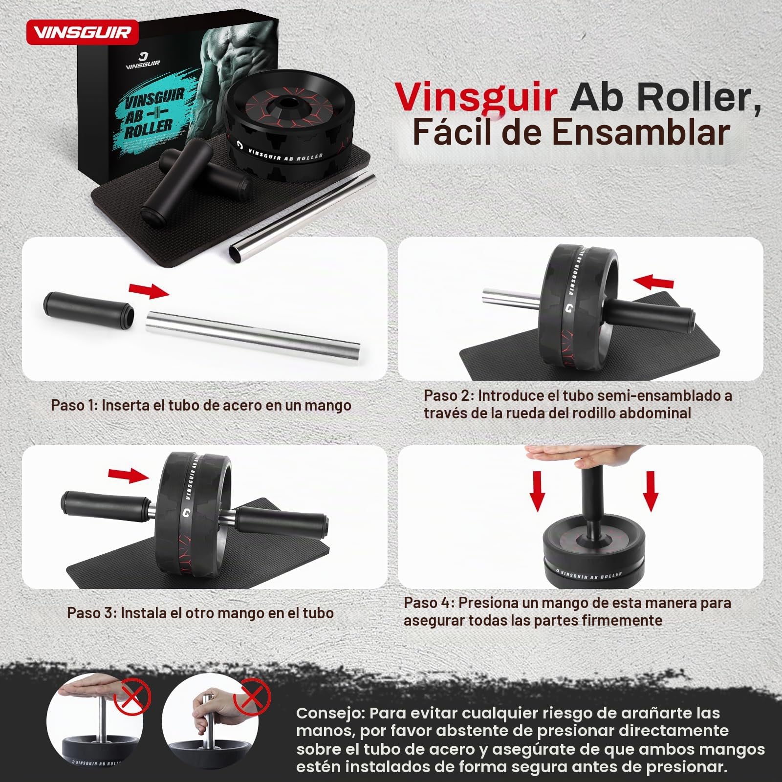 Vinsguir - Rodillo para entrenamiento de abdominales, Negro&Rojo