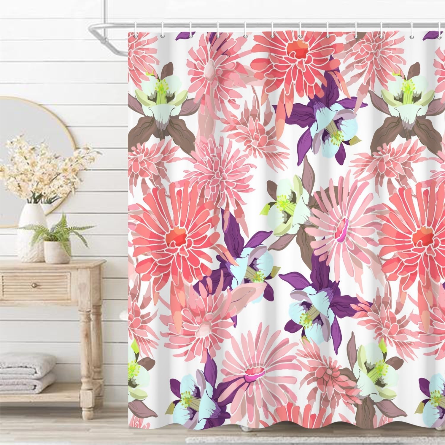 Pink Floral Shower Curtain 72x72 Inch Watercolor Chrysanthemum Purple Blossom Flowers Bath Curtain for Women Girly Bathroom Decor Fabric Polyester Waterproof Shower Curtains