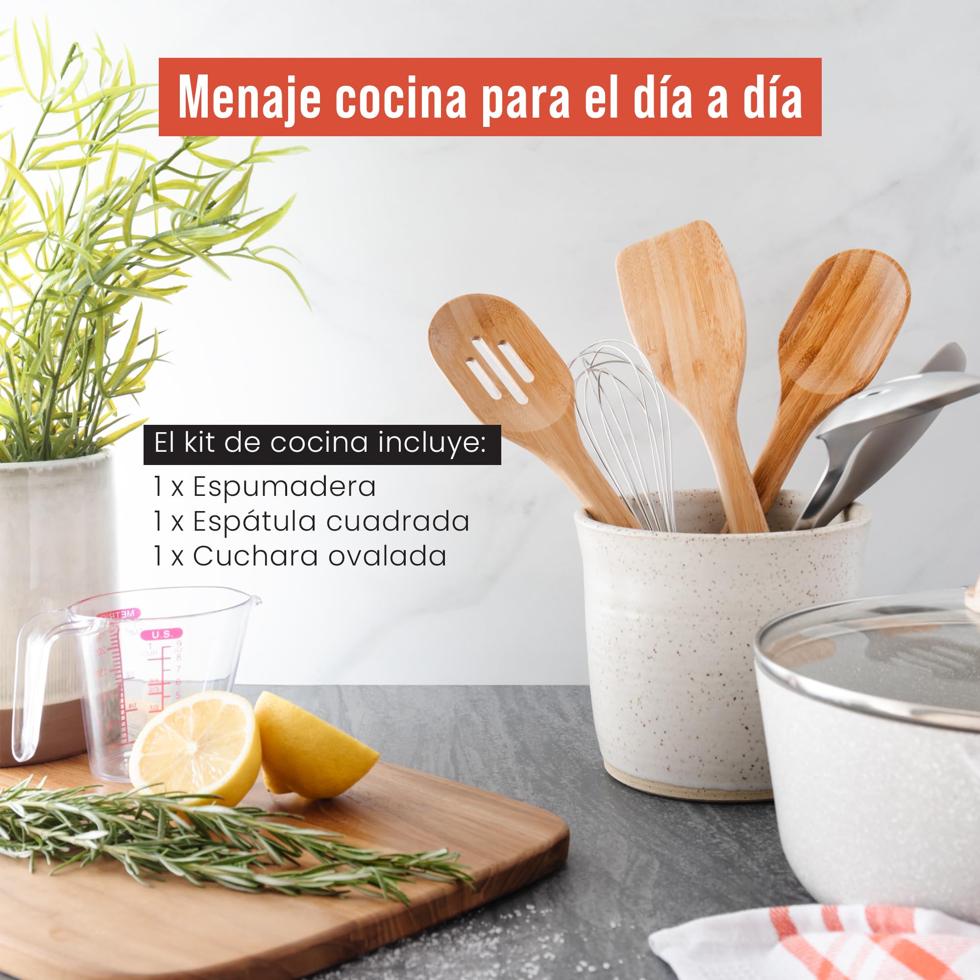 Chef Pomodoro Utensilios de Cocina Madera | Set de 3 Piezas Utensilios Cocina Bambú | Paleta Cocina Grande 31 cm, Cuchara Madera y Cuchara con Orificios | Set Menaje de Cocina
