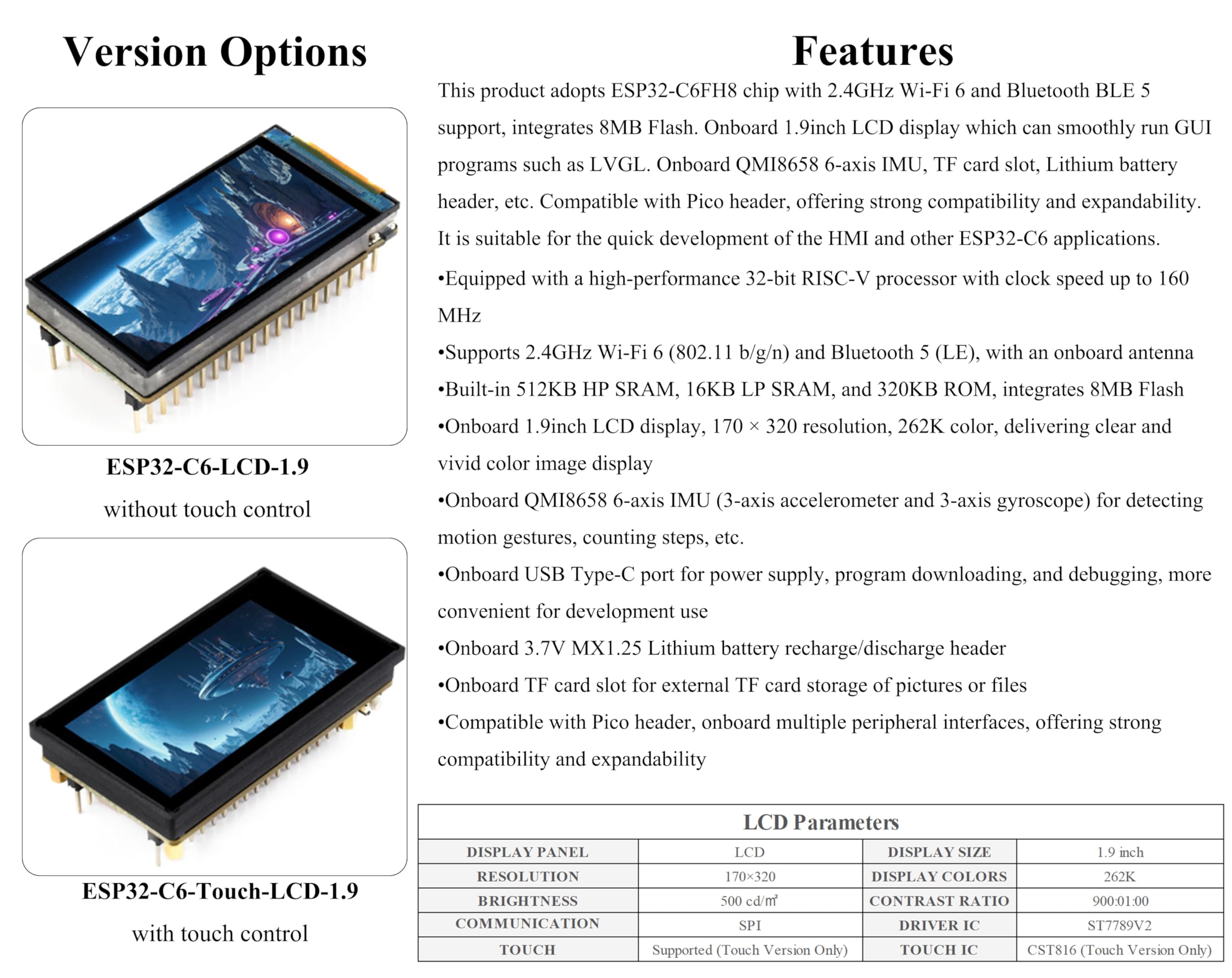ESP32-C6 Development Board With 1.9inch LCD Display - WiFi 6 & Bluetooth 5, RISC-V Processor
