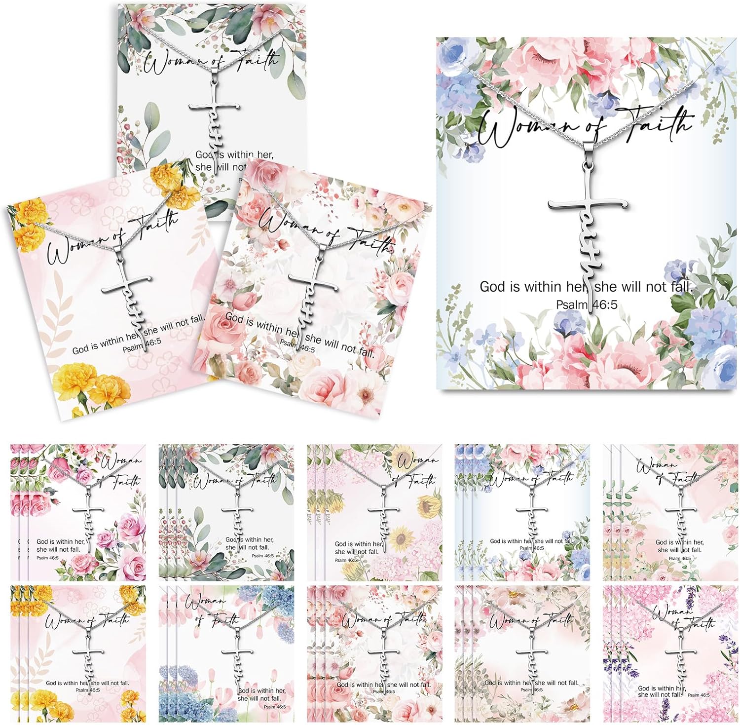 Liliaafar 30 Sets Mother's Day Bulk Faith Necklace for Women Christian Cross Faith Gift God Is Within Her She Will Not Fall Card Bible Gift Religious Necklace Baptism Birthday Favor for Church Guests