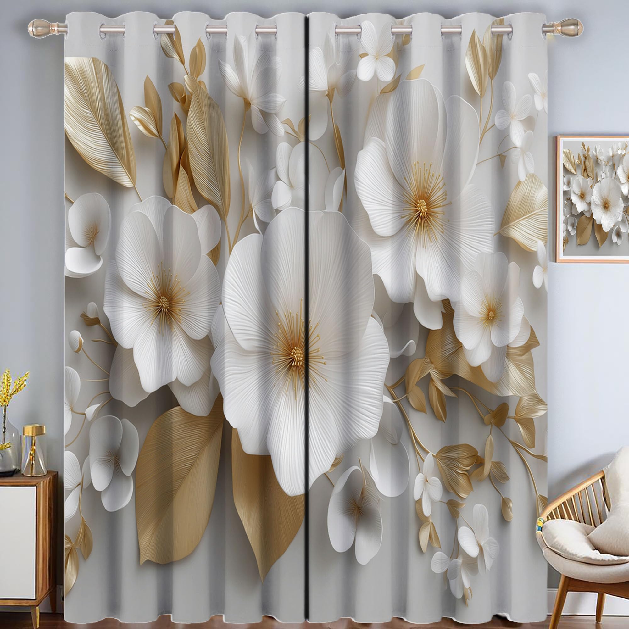 Rideaux occultants gris clair 140x225 cm avec motif feuille d'or