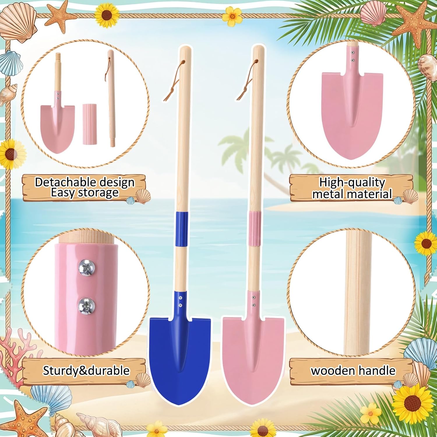 4 Pcs Detachable Kids Beach Shovels, 27" Long Kids Gardening Tools Bulk Metal Sand Shovels with Wooden Handle for Digging Shoveling Sand Snow Gardening Tools Beach Toys Gifts (Blue, Pink)