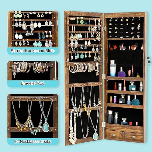 Miniatura 3 de HomVent Armario de joyería con espejo de 6 LED, espejo con almacenamiento de joyas, organizador de armario de joyería con cerradura, armario de