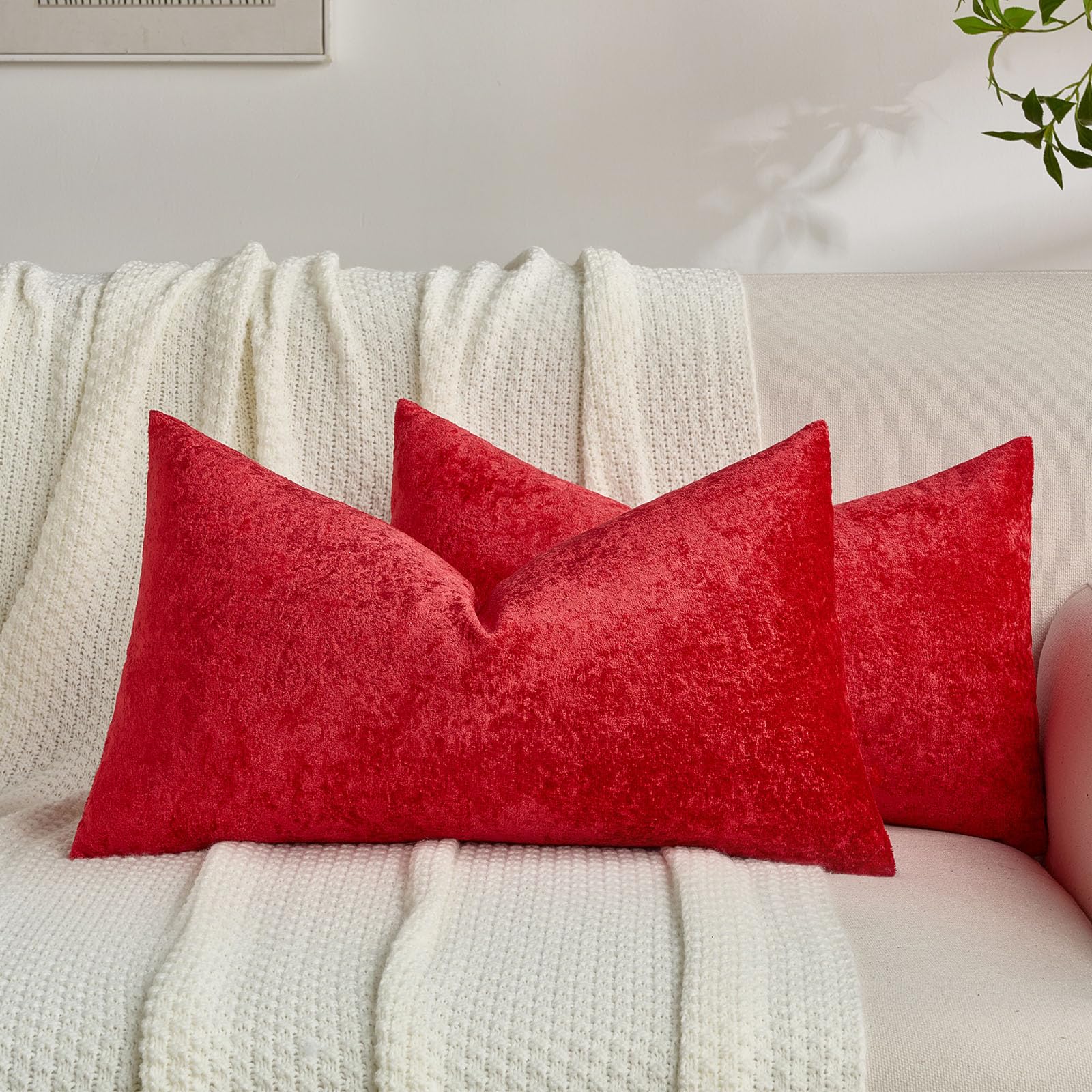 FUTEI Set of 2 Soft Flannel 30x50 cm Cushion Covers Crushed Textured Solid Scatter Pillowcase 30 x 50 cm Modern Accent for Sofa Bedroon Living Room, Red — image 1