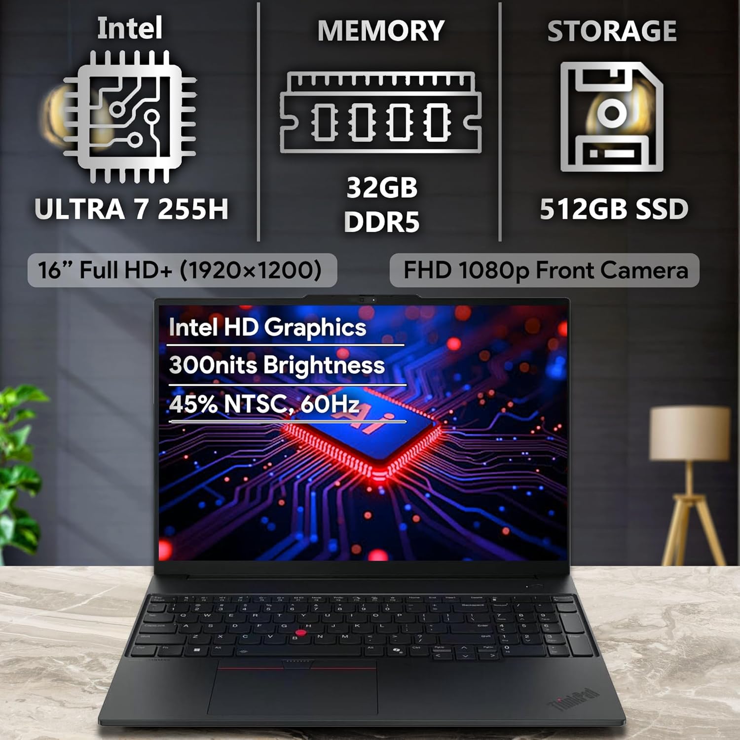 Lenovo ThinkPad E16 Gen 3, 16" FHD+, Intel Ultra 7 255H, 32GB DDR5 RAM, 512GB NVMe, Fingerprint, Backlit Keyboard, WiFi 6E, RJ-45, FHD Webcam, Windows 11 Pro, AI Business Laptop - Black