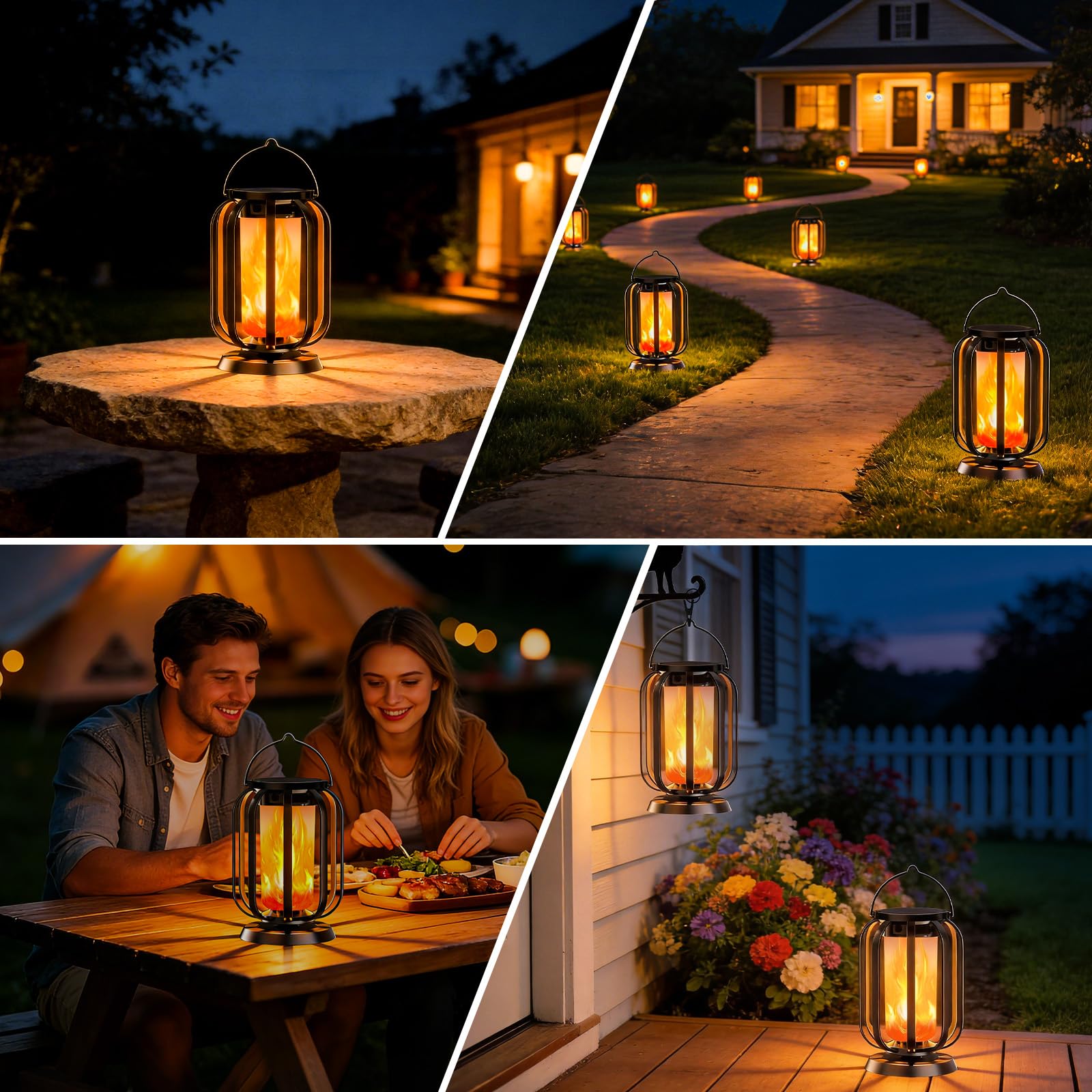 Solar Flammen Laterne für Außen Hängend, 2 Stück Solarlampen IP65 Wasserdicht mit 3 Farbtemperaturen, Balkon Garten Lampion, Halloween Deko, Outdoor Leuchten für Terrasse, Rasen, Hof, Camping