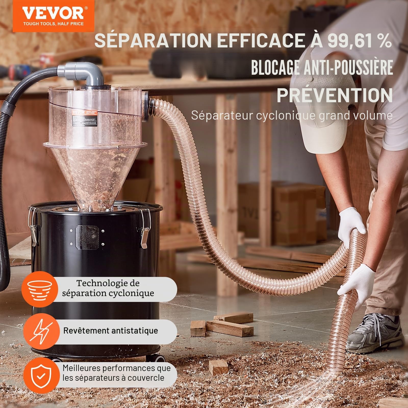 VEVOR Séparateur de poussière cyclonique avec réservoir en métal 50 L, collecteur dépoussiéreur cyclonique en ABS, avec adaptateur 50 mm, tuyau 2 m, pour aspirateurs à poudre d'atelier humides/secs