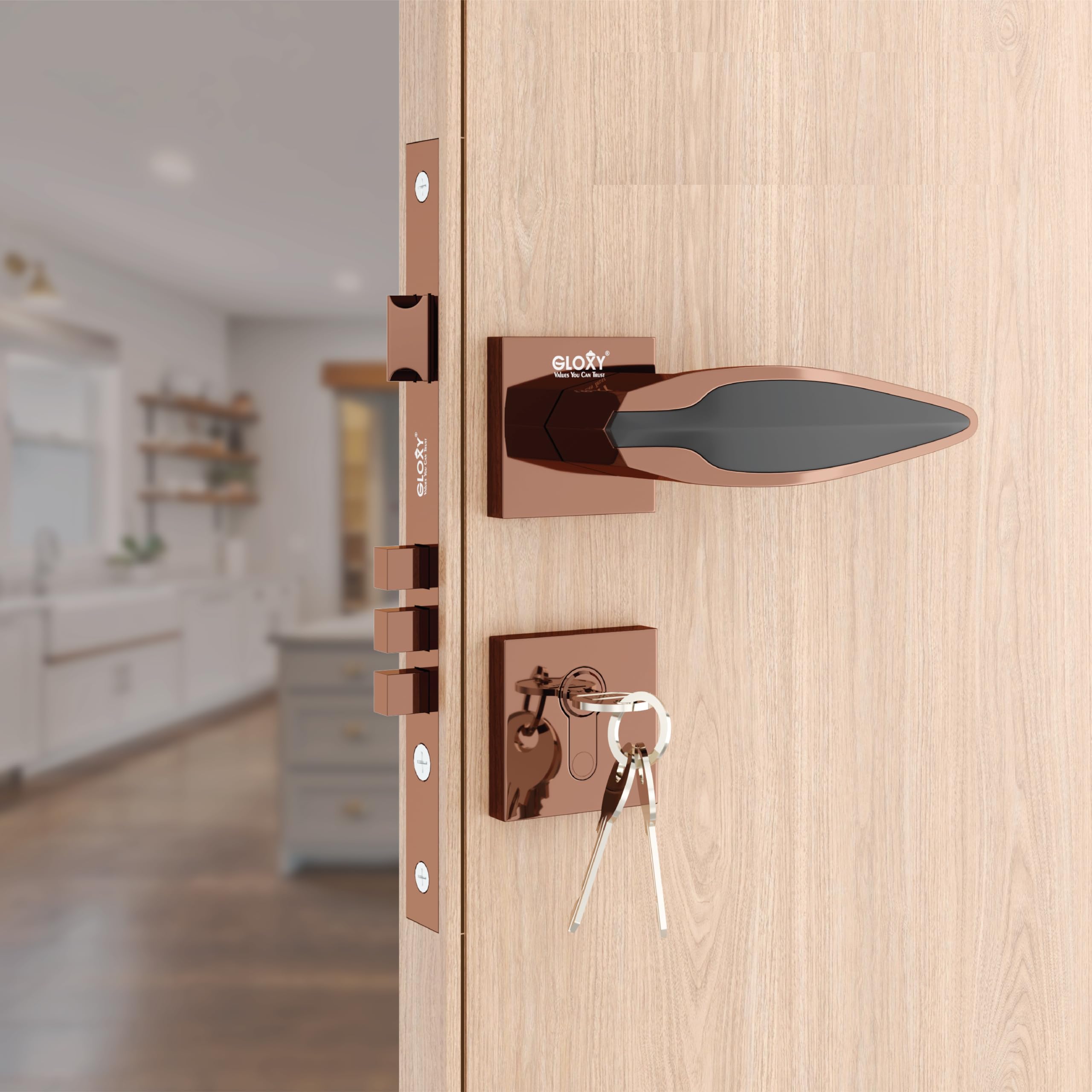 GLOXY Oval Shape Luxury Door Locks for Bathroom Door Lock, Balcony - Store Room Mortise Keyless Handle Set with Baby Latch for Home, Office, Hotel-(Rose Gold)