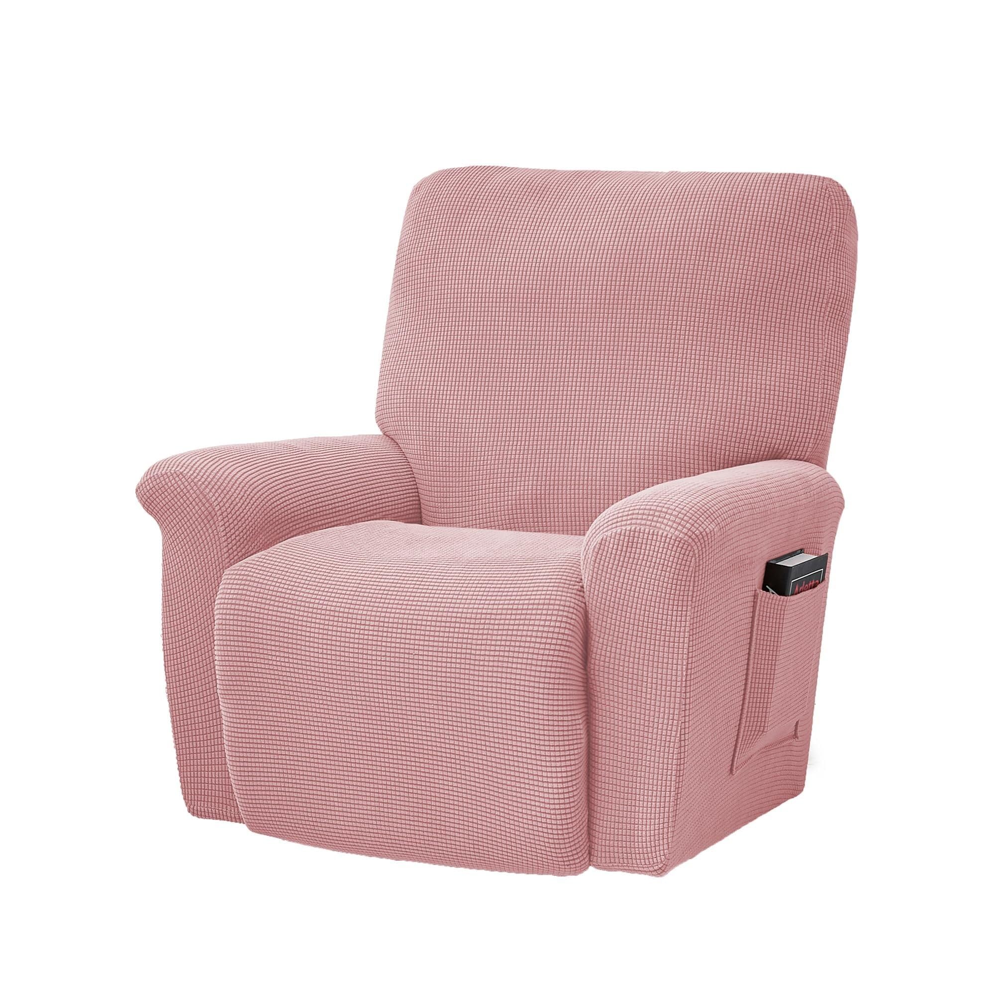 BEIWOSHA Stretch Recliner Chair Covers, 4-Piece Soft Sofa Cover Thick Single Seat Couch Cover Jacquard Recliner Slipcover with Pocket(Pink)